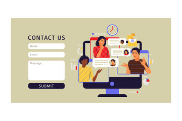 Online video conference concept. Contact us form. Vector illustration. Flat.