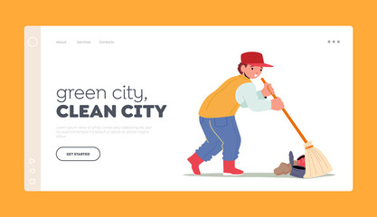 Green City Landing Page Template. Volunteer Child Character Cleaning Garbage Sweeping Ground, Collecting Trash