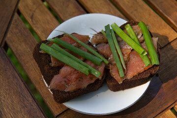 Salted salmon pieces with onion on black bread