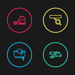 Set line Pirate hat, Cannon with cannonballs, eye patch and game dice icon. Vector