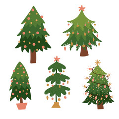 Fototapeta premium Happy Christmas trees collection. Cute isolated elements for kids design. Vector flat hand drawn illustration