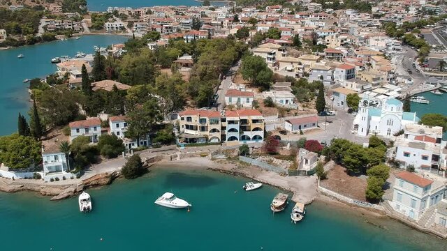 Aerial view over Porto Cheli, a summer resort town in the municipality of Ermionida in the southeastern part of Argolis, Greece
