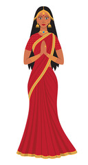 Beautiful Indian woman in traditional clothes. Hindu lady with hands putted together wearing red and gold sari. Vector illustration in flat style