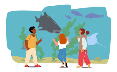 School Kids Characters Stand at Oceanarium Rear View. Children Visiting Aquarium for Watching Underwater Animals