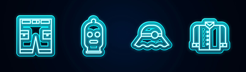 Set line Short or pants, Balaclava, Elegant women hat and T-shirt. Glowing neon icon. Vector