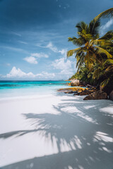 Fototapeta na wymiar Beautiful Petite Anse beach at Mahe Island, Seychelles. Palm trees and blue sky. Holiday vacation destination