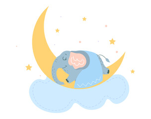 Cute baby elephant concept. Small wild animal sleeps on crescent moon. Design element for stickers and wall decoration in children room. Cartoon flat vector illustration isolated on white background