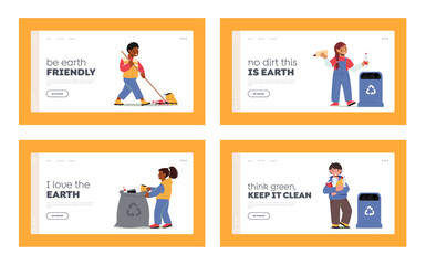 Children Characters Collect Trash, Clean Park Landing Page Template Set. Ecology Protection, Social Charity Concept