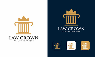 Modern law crown logo and business card design. gold, firm, law, icon justice logo design vector template on a dark blue and white background.