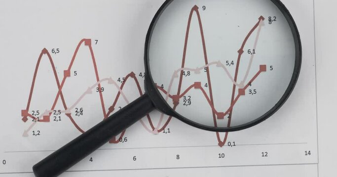 Rotation of a magnifying glass lying on a red chart. Business background.