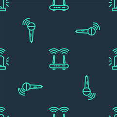 Set line Router and wi-fi signal, Wireless microphone and Smart flasher siren on seamless pattern. Vector