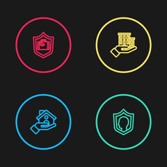 Set line House insurance, Life with shield, and Travel suitcase icon. Vector