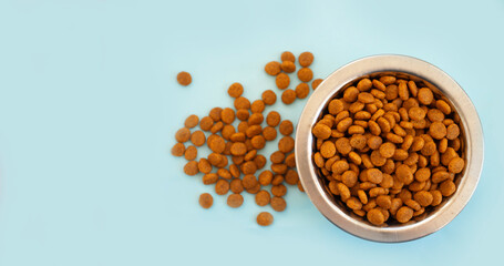 dry animal food in a bowl on a colored background
