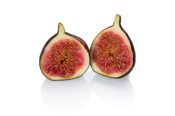 sliced fresh figs on a white background isolated, side view with reflection.