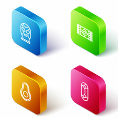 Set Isometric line Mexican wrestler, carpet, Avocado fruit and Burrito icon. Vector