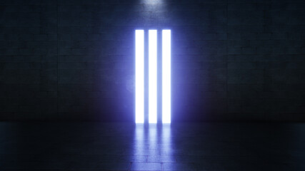 Abstract  Futuristic Blue Laser rectangular columns Lights In Long Dark Empty Background 3D Rendering