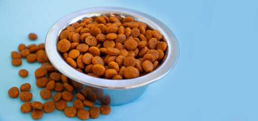 dry animal food in a bowl on a colored background

