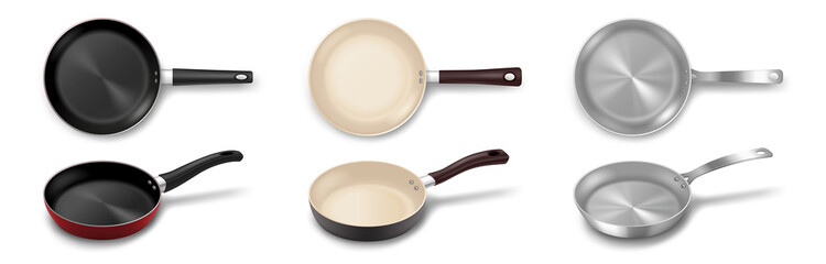 Different frying pan set. Metal kitchenware for cooking. Fry pans non-stick kitchen utensil