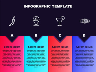 Set line Hot chili pepper pod, Mexican sombrero, Margarita cocktail and Wrestling championship belt. Business infographic template. Vector