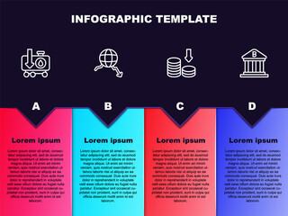 Set line Drop in crude oil price, Global economic crisis, Dollar rate decrease and Bank building. Business infographic template. Vector