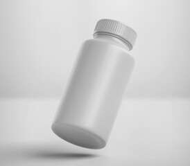 White Plastic Bottle Mockup for medicine, tablets, pills, realistic packaging box template 3d rendering isolated on light background.