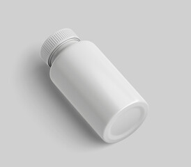 White Plastic Bottle Mockup for medicine, tablets, pills, realistic packaging box template 3d rendering isolated on light background.
