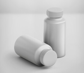 White Plastic Bottle Mockup for medicine, tablets, pills, realistic packaging box template 3d rendering isolated on light background.