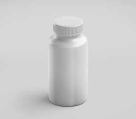 White Plastic Bottle Mockup for medicine, tablets, pills, realistic packaging box template 3d rendering isolated on light background.