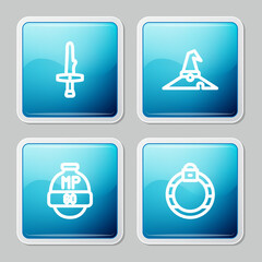 Set line Dagger, Witch hat, Video game bar and Magic stone ring icon. Vector