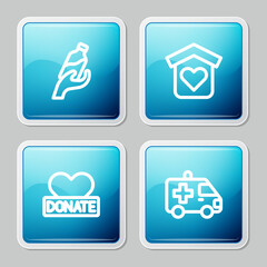 Set line Donation water, Shelter for homeless, and charity and Ambulance car icon. Vector