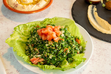 Turkish Green Herb Salad with Tomato and Tabbouleh with Olive Oil and Salt