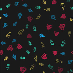 Set line Korean lantern, hat, Soju bottle and temple on seamless pattern. Vector