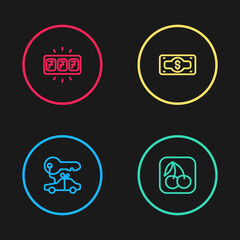 Set line Car gift, Slot machine with cherry, Stacks paper money cash and jackpot icon. Vector