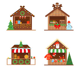 Christmas Market stalls or wooden kiosks set. Winter festive shops with gifts, hot drinks, food and clothes. Vector illustration isolated on white background.