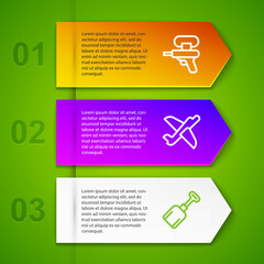 Set line Water gun, Toy plane and Shovel toy. Business infographic template. Vector