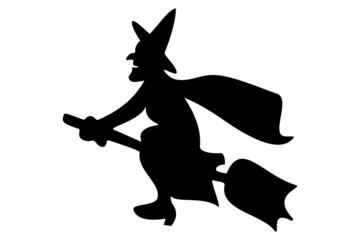 Black witch on a broomstick, white background, Halloween symbol, vector