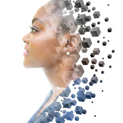 A profile portrait of an African American woman combined with black 3D cubes in a double exposure technique. © DAZOKA.com