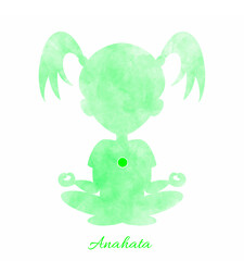 Anahata girl silhouette of yoga lotus position chakra circle hand drawn digital illustration for kids. Print quality for children