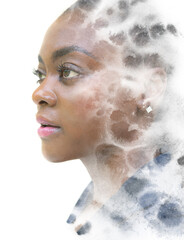 A portrait of an African American woman dissolving into various ink shapes. Paintography.