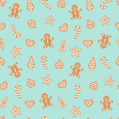 Vector seamless pattern with gingerbread cookies. Cute design for Christmas wrappings, textile, wallpaper and backgrounds. - 462088771