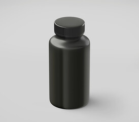 Black Plastic Bottle Mockup for medicine, tablets, pills, realistic packaging box template 3d rendering isolated on light background.