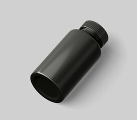 Black Plastic Bottle Mockup for medicine, tablets, pills, realistic packaging box template 3d rendering isolated on light background.