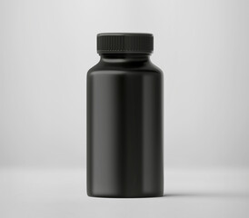 Black Plastic Bottle Mockup for medicine, tablets, pills, realistic packaging box template 3d rendering isolated on light background.