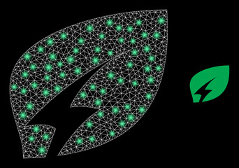 Glossy mesh vector eco electricity with glare effect. White mesh, glare spots on a black background with eco electricity icon. Mesh and glowing elements are placed on different layers.