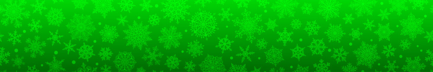 Christmas horizontal  banner of big and small complex snowflakes with seamless horizontal repetition, in green colors. Winter background with falling snow