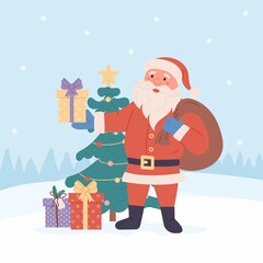 Funny santa with presents. Christmas greeting card background poster. Vector illustration. Merry christmas and Happy new year.