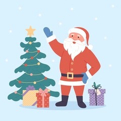 Funny santa with presents. Christmas greeting card background poster. Vector illustration. Merry christmas and Happy new year.