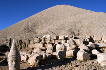 Monumental god heads and thrones on Mount Nemrut in Adiyaman, Turkey. Mount Nemrut in southeastern...