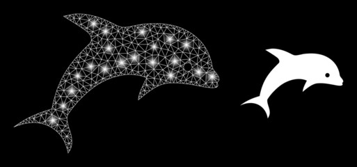 Bright mesh vector dolphin with glow effect. White mesh, bright spots on a black background with dolphin icon. Mesh and glowing elements are placed on different layers.