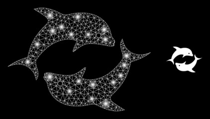 Bright mesh vector dolphin pair with glare effect. White mesh, bright spots on a black background with dolphin pair icon. Mesh and glowing elements are placed on different layers.